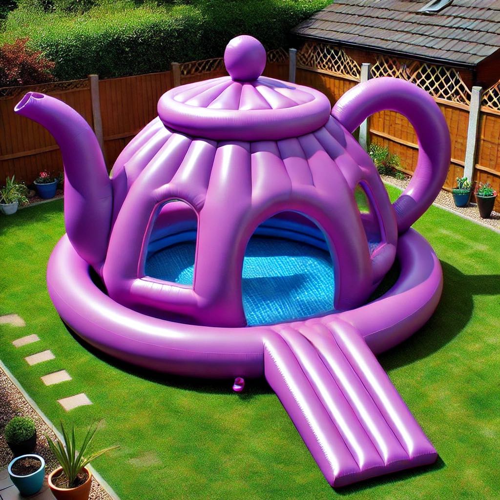 A large purple teapot-shaped inflatable pool set up on a lawn with a slide entrance.
