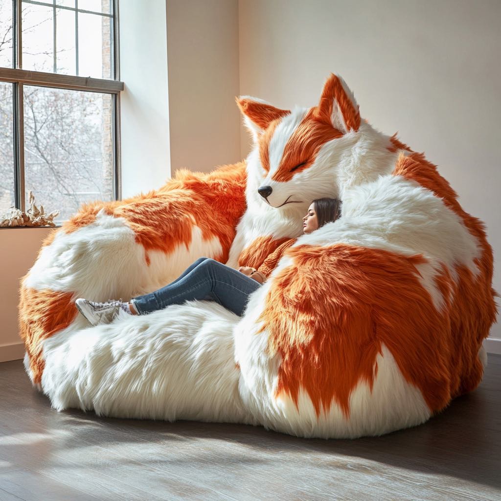 A warm-toned orange and white fox chair, perfect for relaxation and home decor.