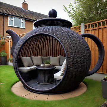 A black woven teapot-shaped garden pod with cushioned seating and a matching table, placed on a green lawn.