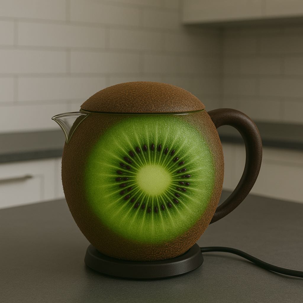 A brown and green kettle designed to resemble a sliced kiwi, sitting on a grey kitchen surface