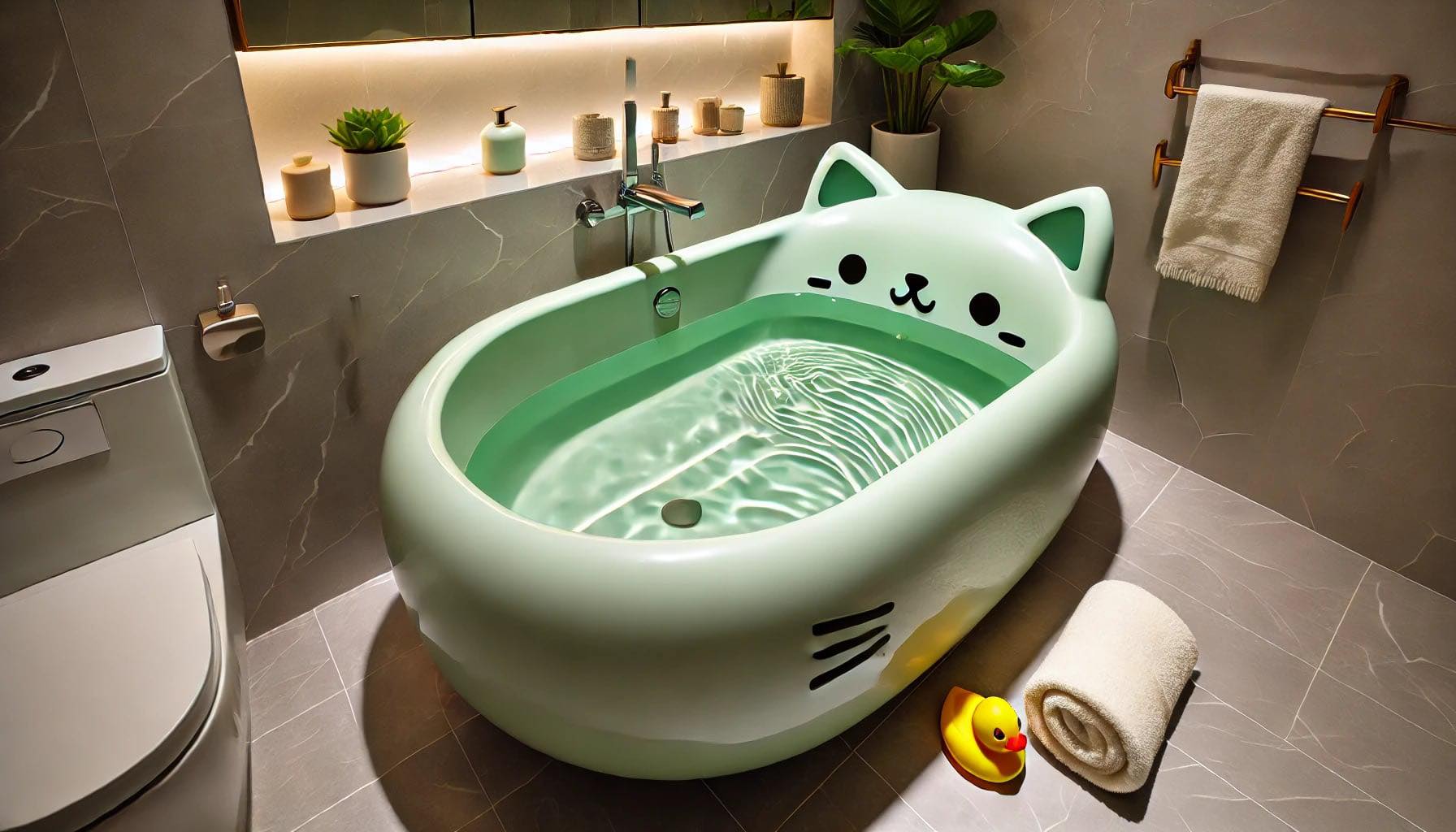 A soft mint green cat-themed bathtub in a modern grey-tiled bathroom with indoor plants and a rubber duck