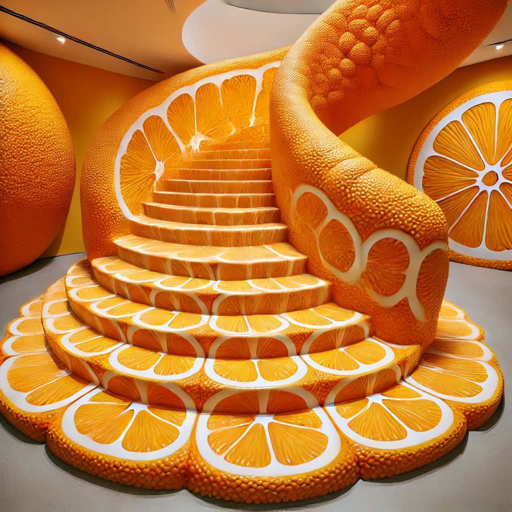 A captivating orange-themed staircase designed with realistic citrus textures, creating an immersive and refreshing atmosphere.
