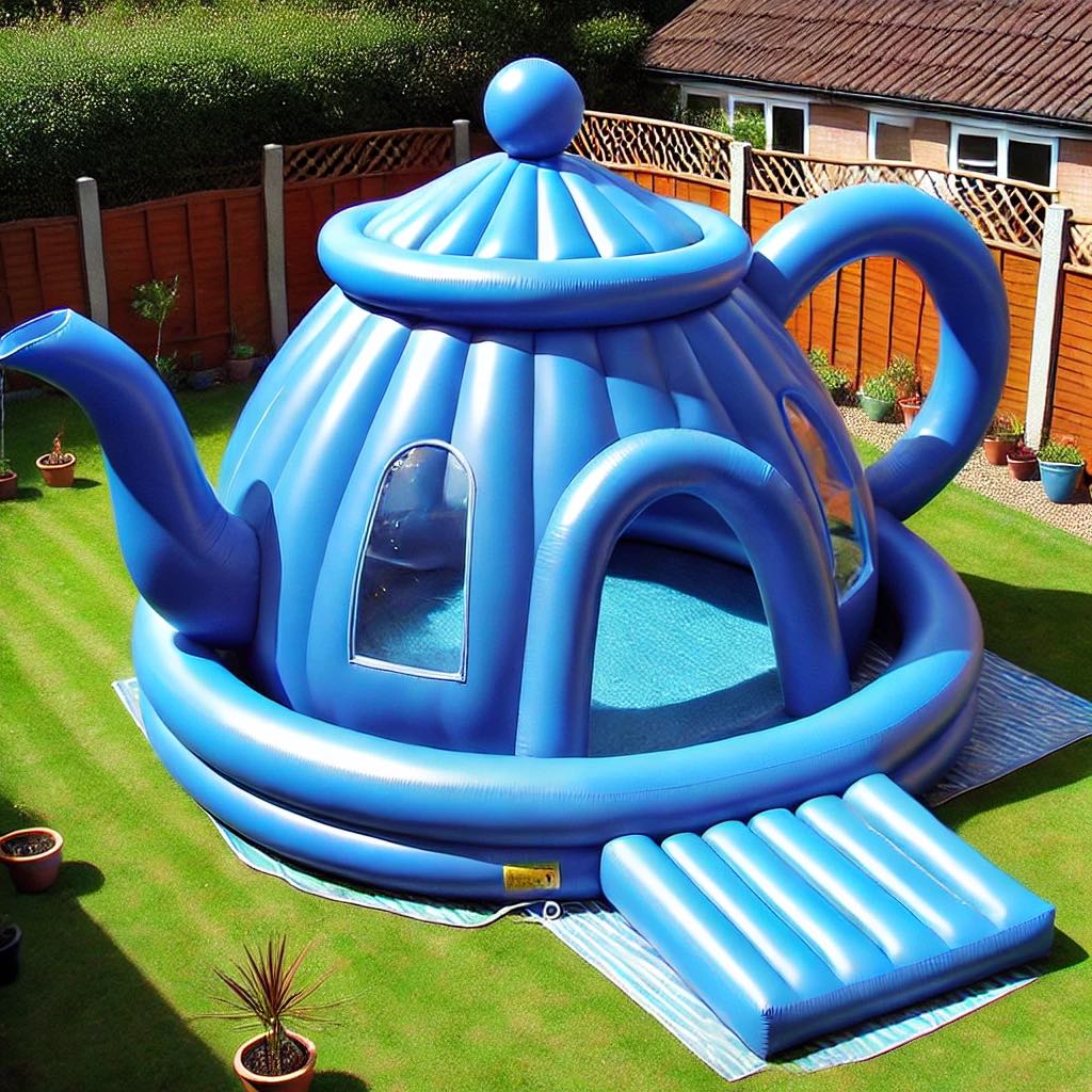A bright blue inflatable pool designed like a teapot, placed on grass with decorative windows.