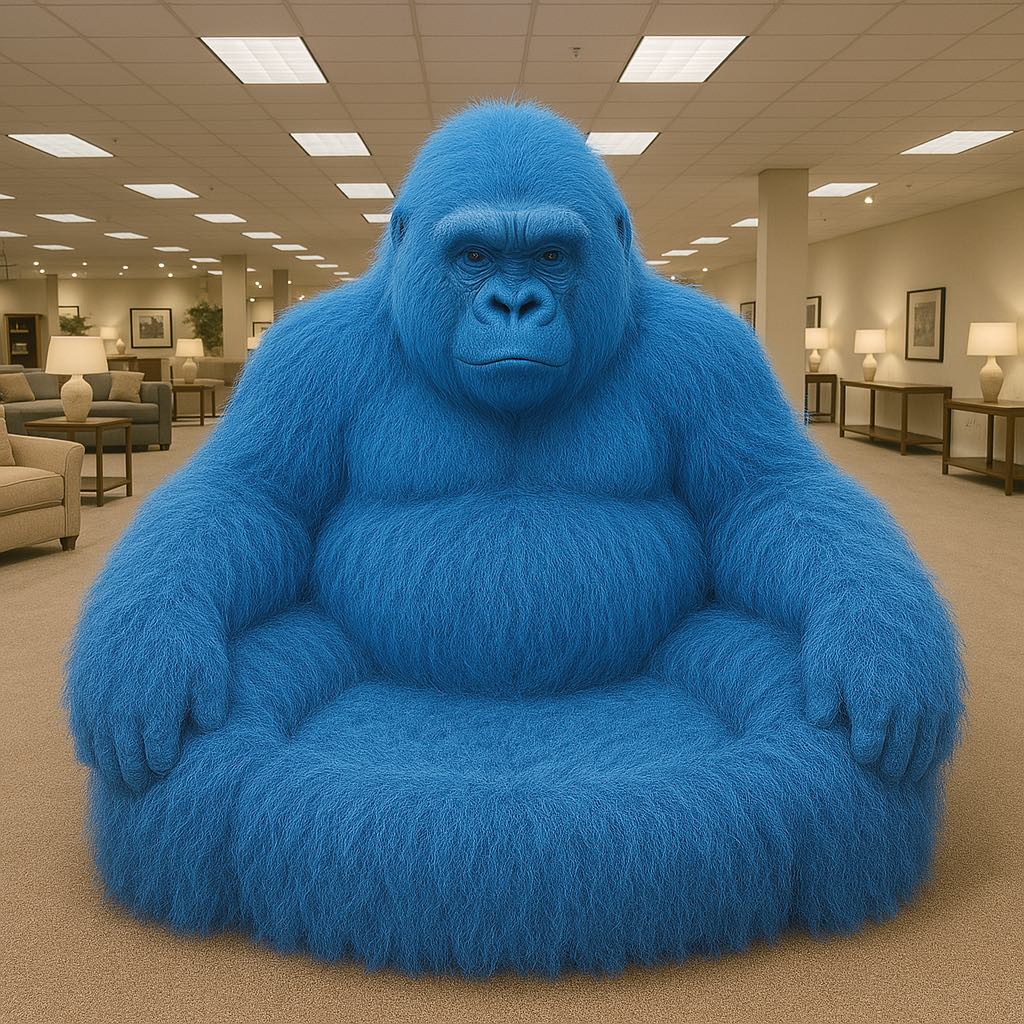 Bright blue gorilla-shaped sofa adding bold colour to a showroom setting.