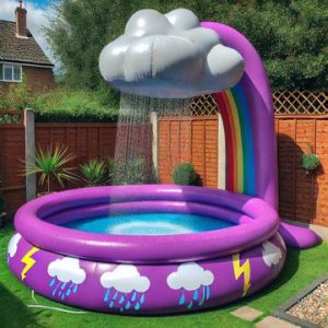 A purple inflatable pool with a rainbow arch and a cloud sprinkler creating a rainfall effect.