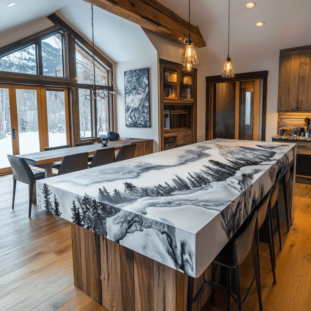 Monochrome resin countertop depicting snow-covered trees and mountains in a cosy cabin kitchen