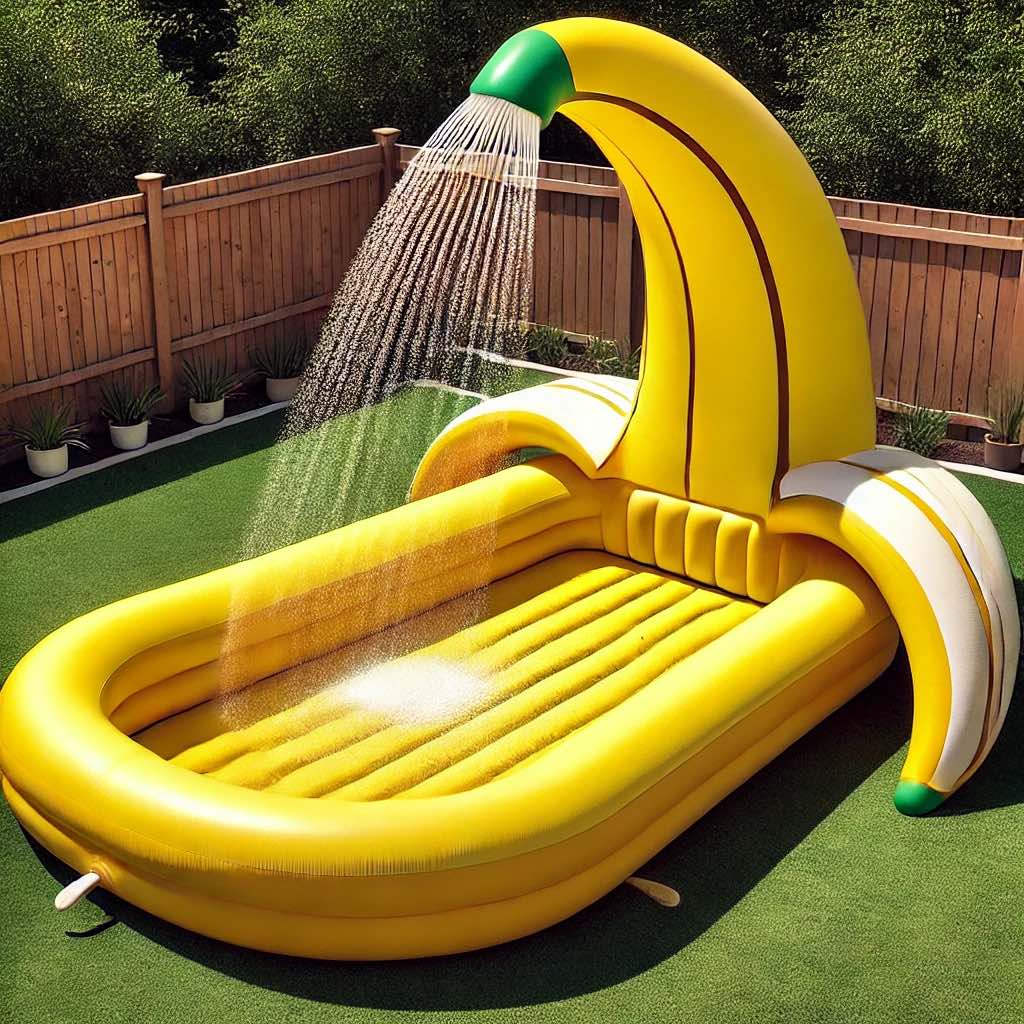 A banana-shaped inflatable pool with a tropical water sprayer