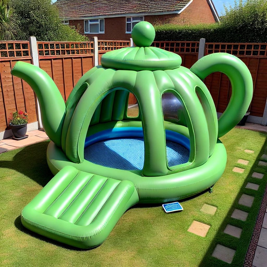 A green inflatable teapot-style play pool in a suburban garden with a small inflatable ramp.