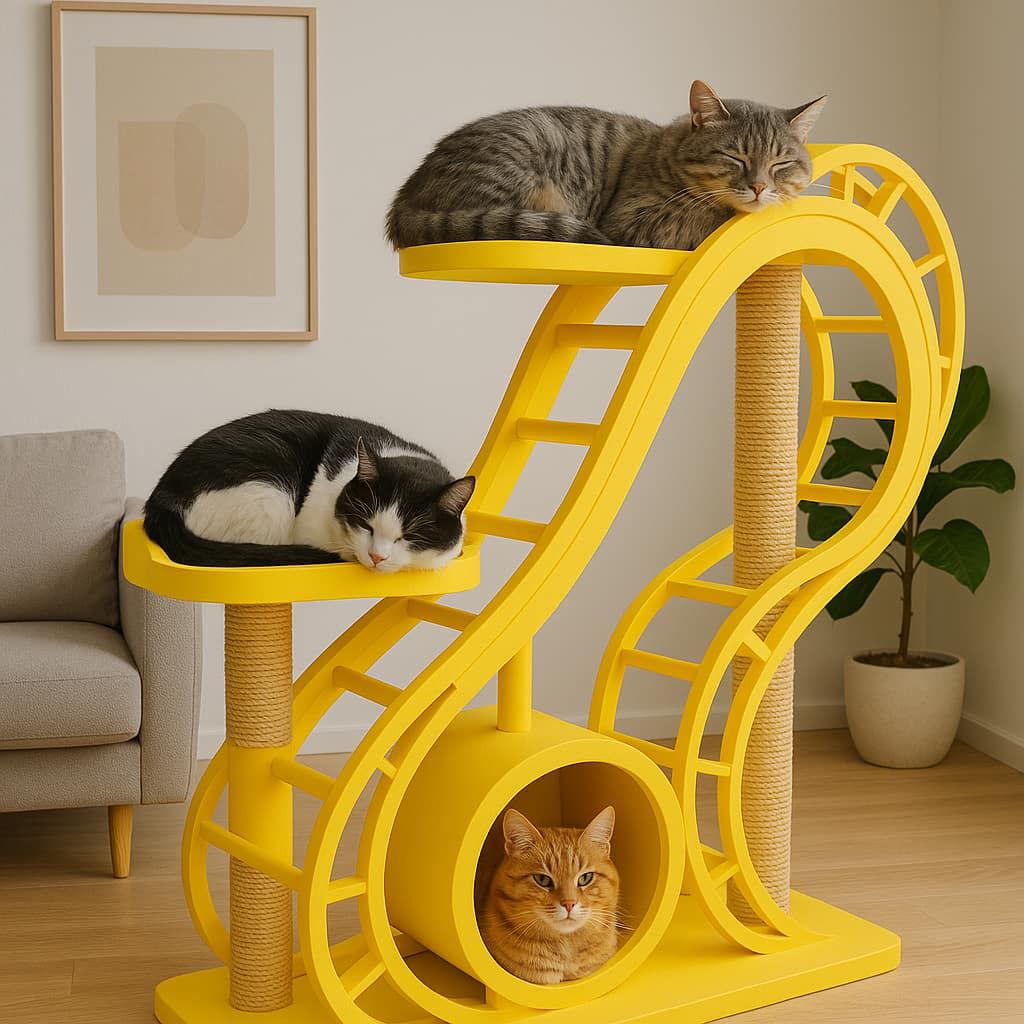 Grey, black-and-white, and ginger cats relaxing on a bright yellow rollercoaster-inspired cat tree