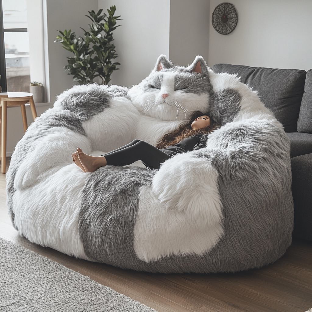 A grey and white oversized cat bean bag in a cosy living room, with a woman relaxing.