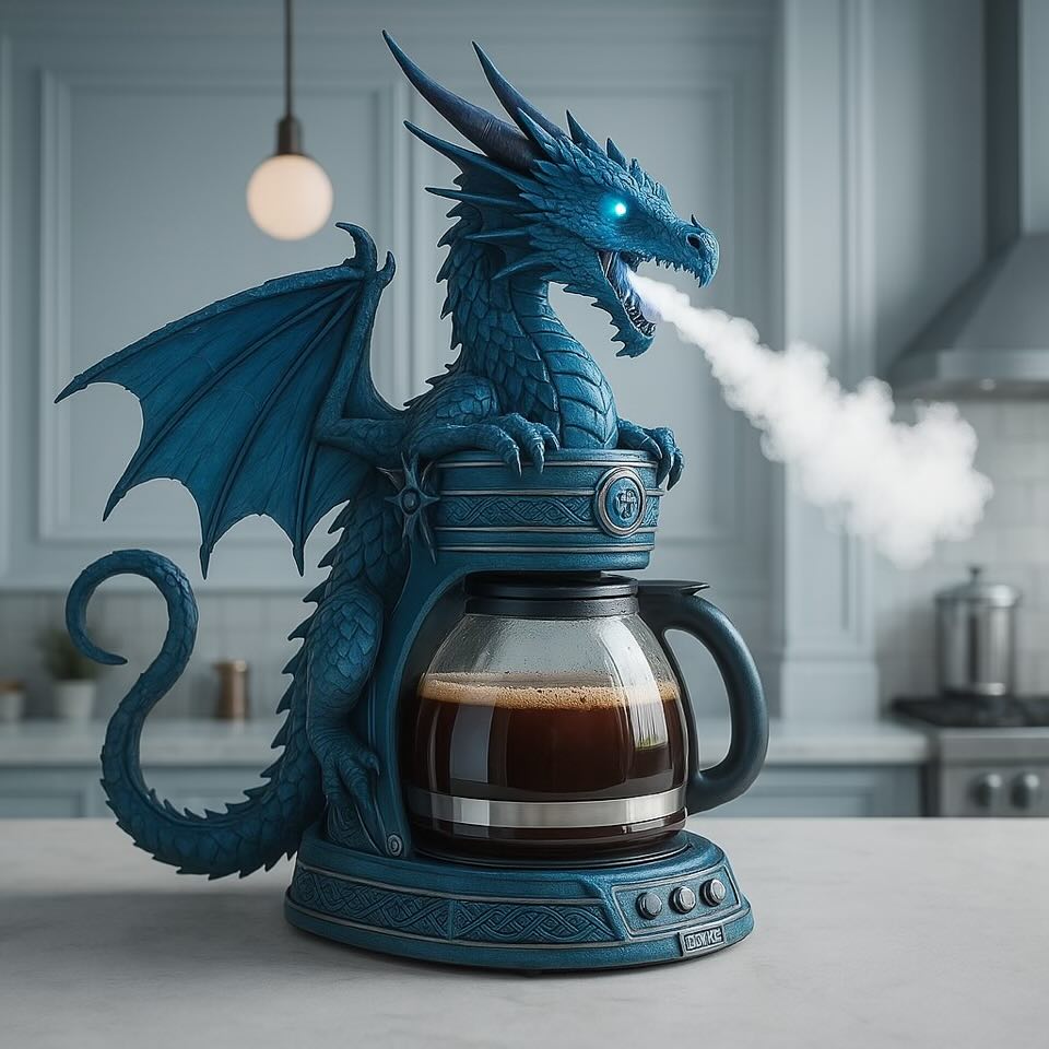 Blue dragon-themed coffee maker breathing steam on a marble counter
