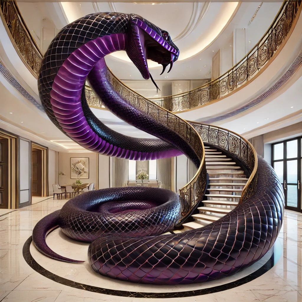 Bold black and purple snake-shaped staircase coiling elegantly in a modern luxury setting