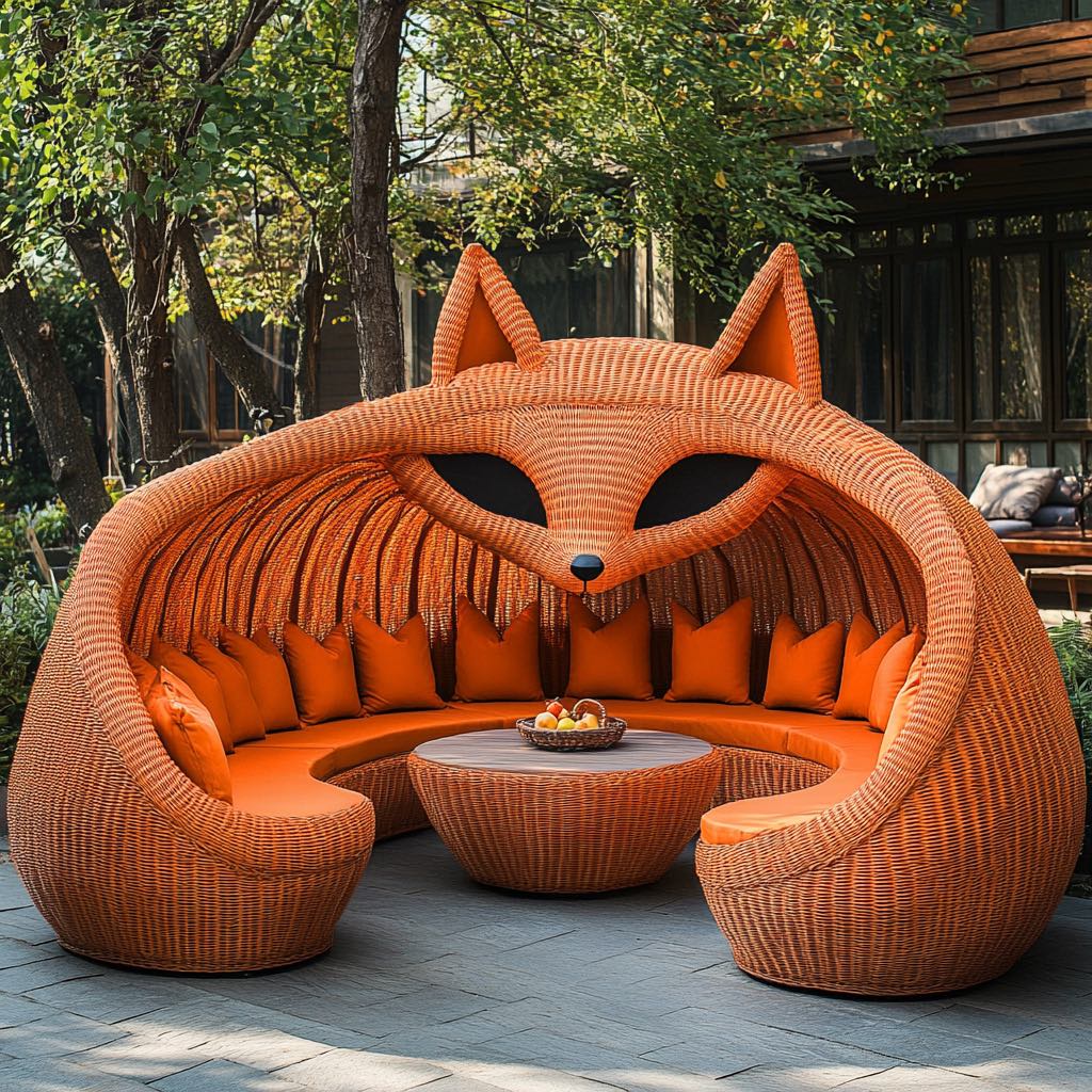A vibrant orange fox-inspired curved lounge sofa with matching cushions, perfect for outdoor relaxation.