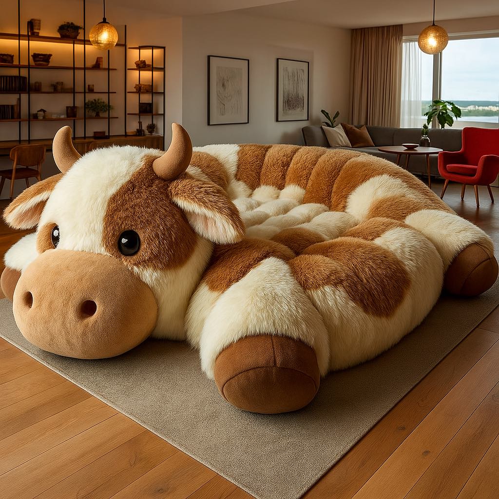 Fluffy brown and white cow-shaped sofa placed in a contemporary living space with wooden floors.