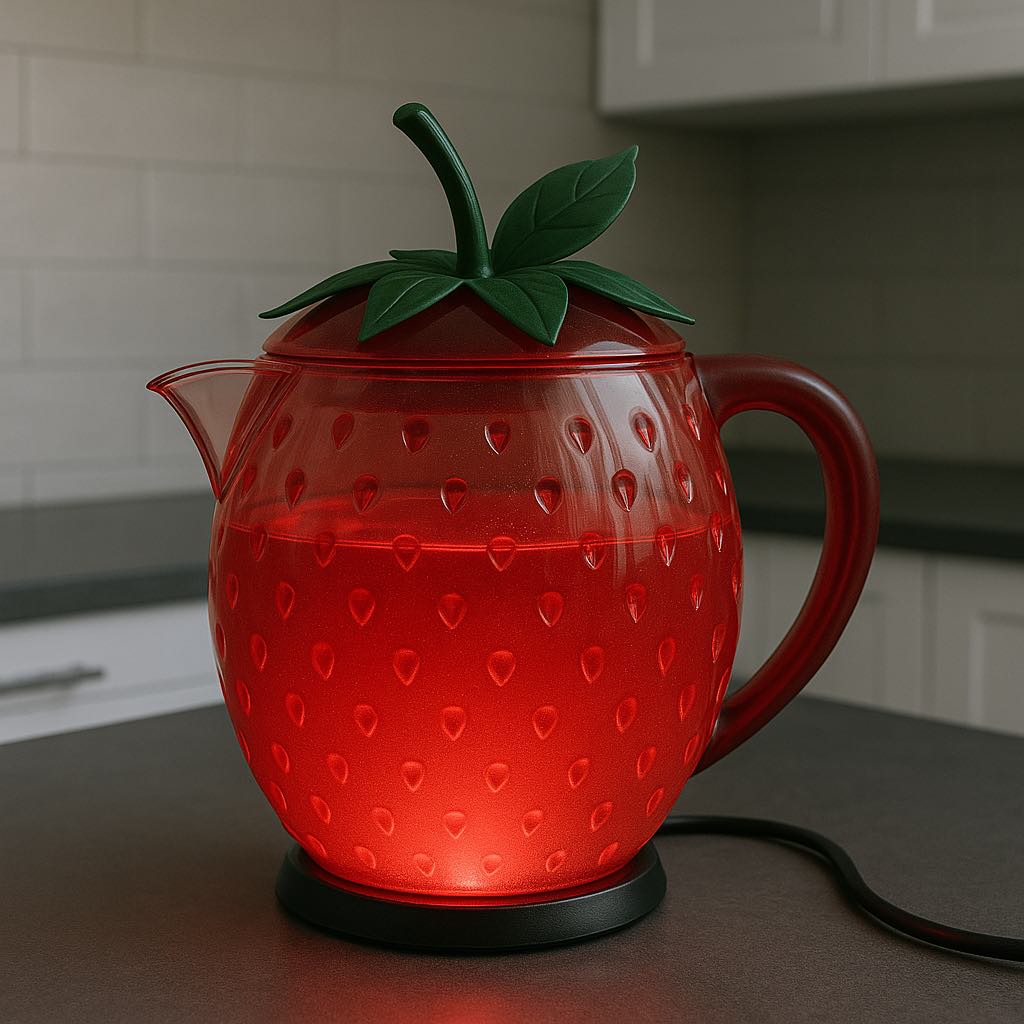  A red strawberry-shaped kettle with embossed seeds and green leaf lid glowing from the base