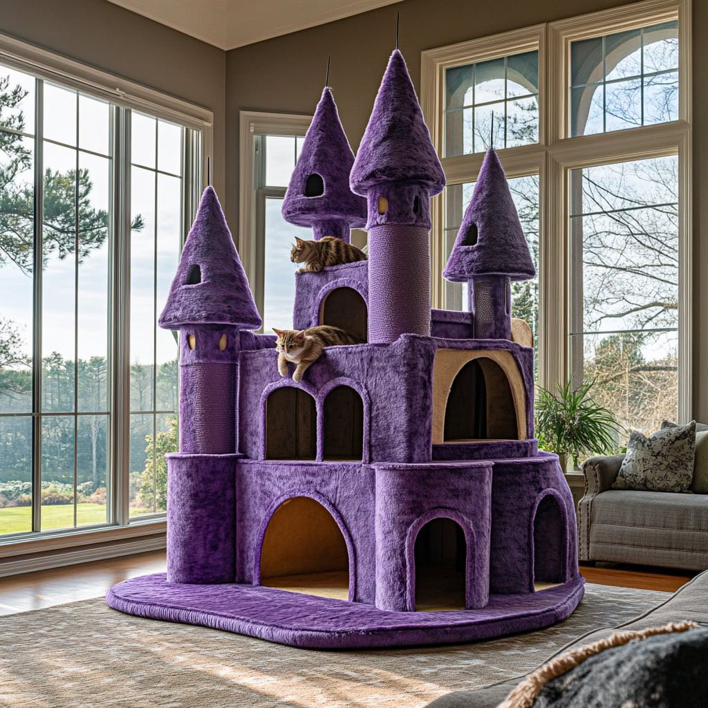 Purple castle-shaped cat tree with ginger cats lounging on various levels