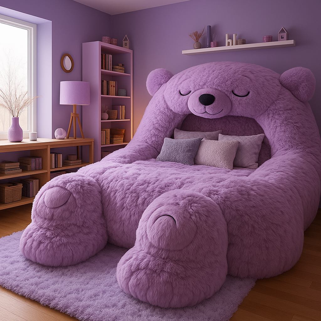 Giant purple teddy bear bed with throw pillows in a lilac-themed bedroom with wooden accents