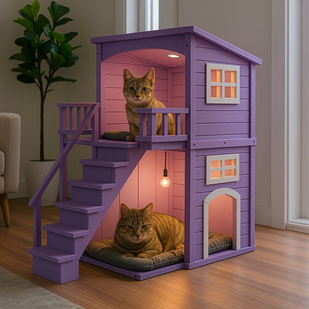 Lavender purple two-storey indoor cat house with two relaxed tabby cats lounging on each level.