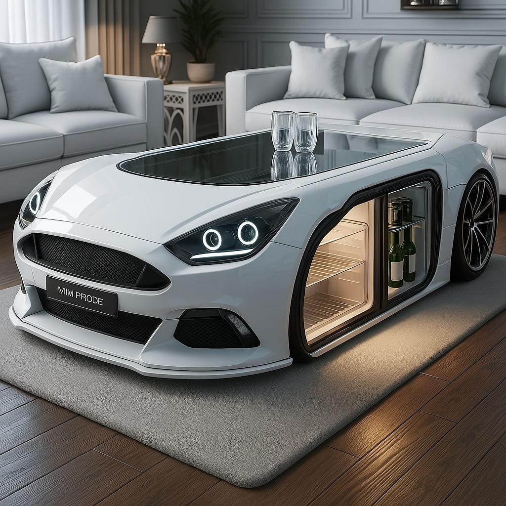 White sports car coffee table with a sleek finish, built-in fridge, and glass top in a modern grey-toned living room.
