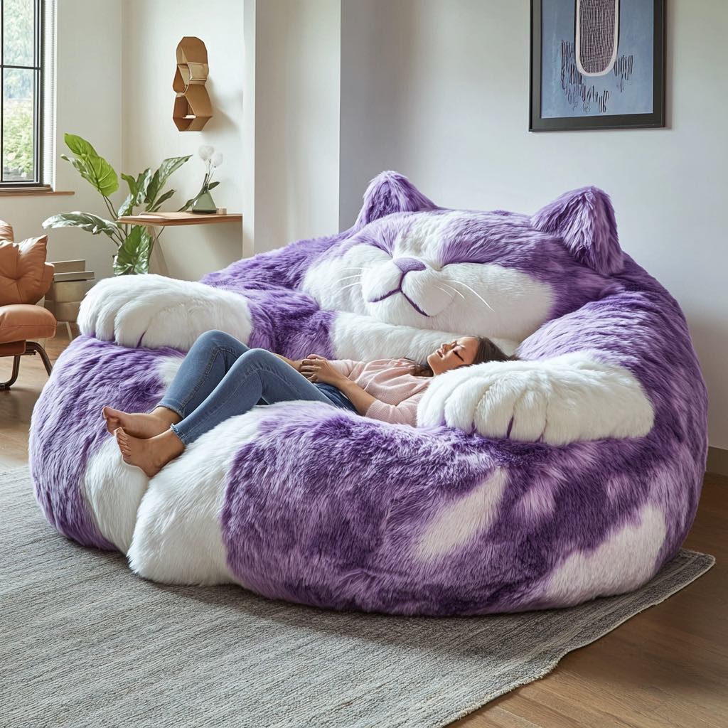 A vibrant purple and white cat bean bag in a stylish home setting, with a woman enjoying its plush comfort.

