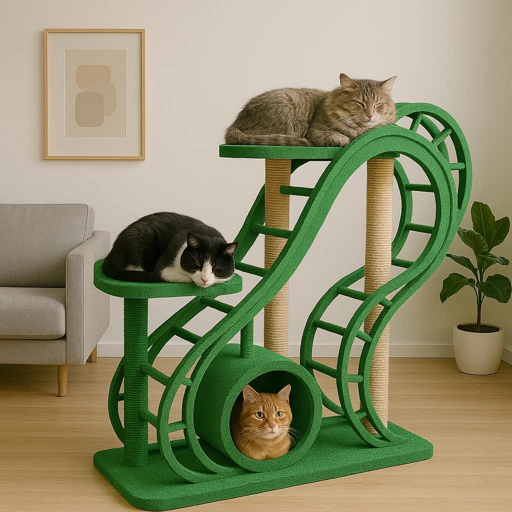 Three cats sleeping on a vibrant green rollercoaster-shaped cat tree in a minimalist lounge
