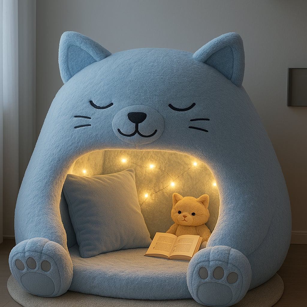 Light blue cat-shaped pod for kids with a book, cushion, lights, and a stuffed cat inside.