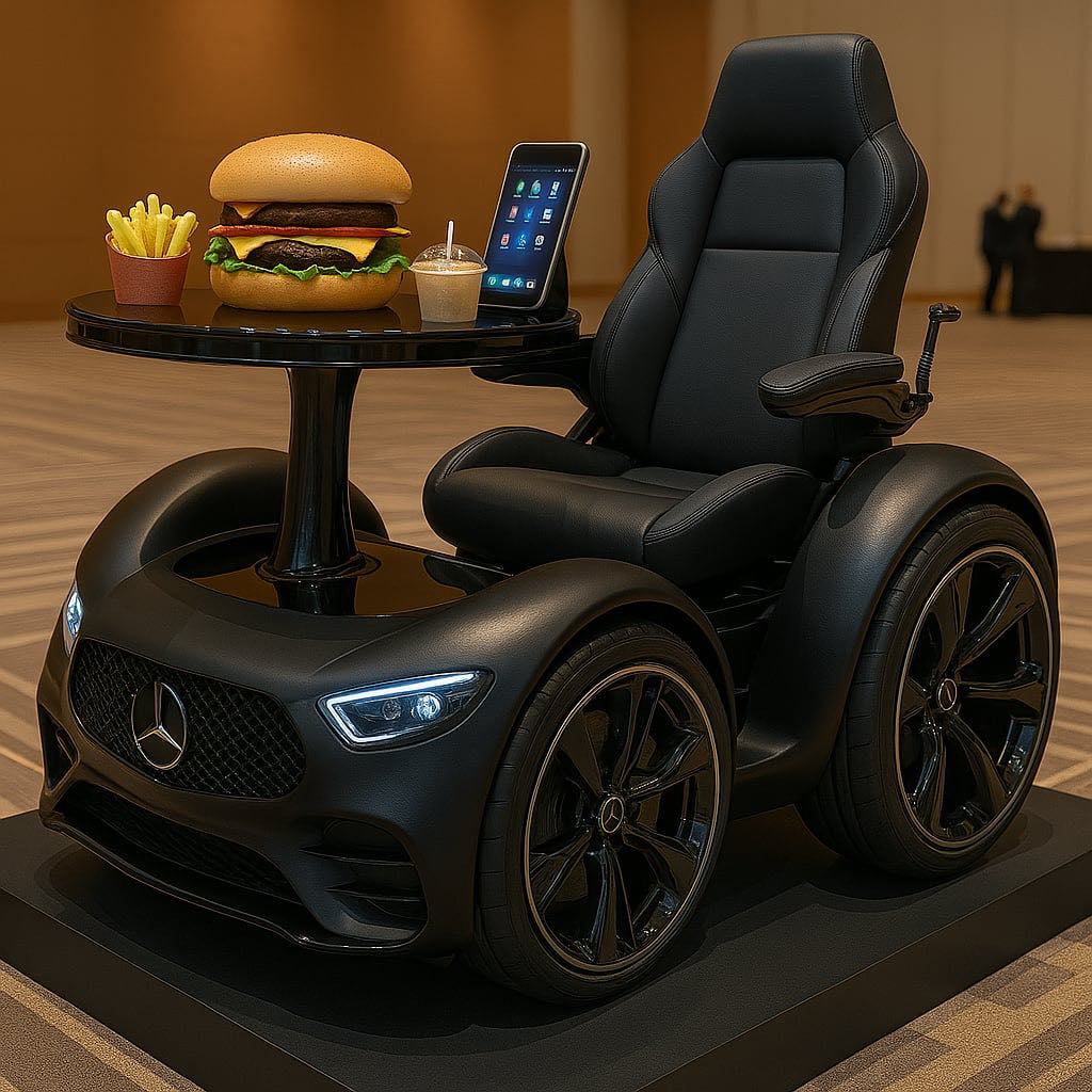 Sleek black futuristic mobility chair with integrated dining space and illuminated headlights.