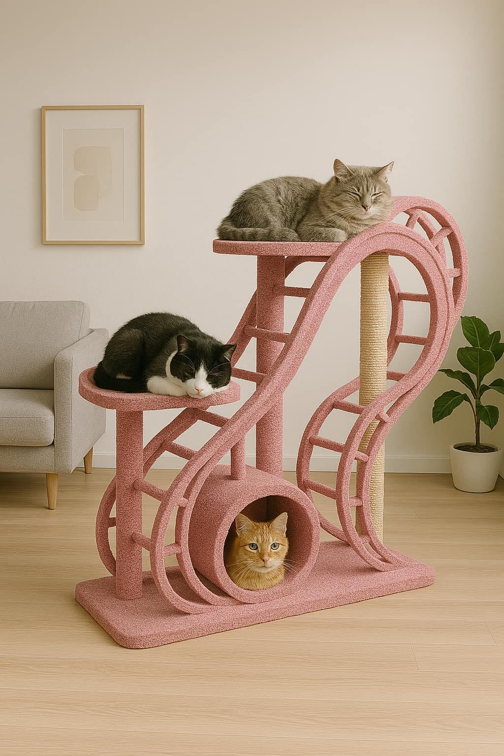 Trio of cats lounging on a soft pink rollercoaster-style cat tree near a potted plant