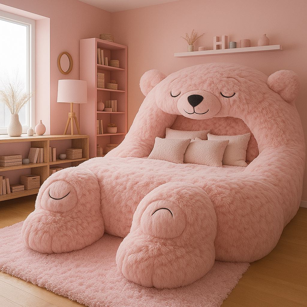 Fluffy pink teddy bear bed in a pastel pink bedroom with matching soft furnishings and shelving