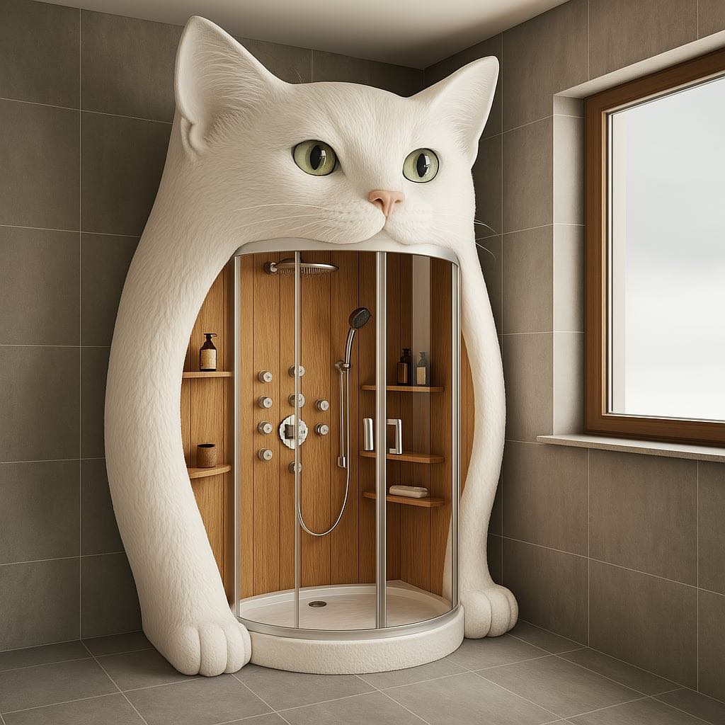 Elegant white cat-themed shower enclosure with green eyes and wooden interior panels.