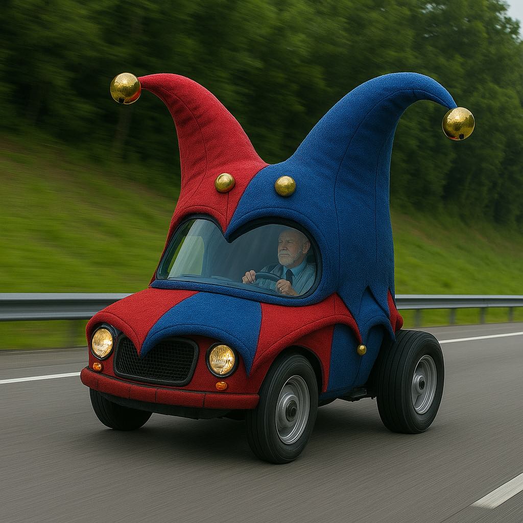 A whimsical jester hat-themed vehicle with red and blue colours and gold bells, driven on the road.