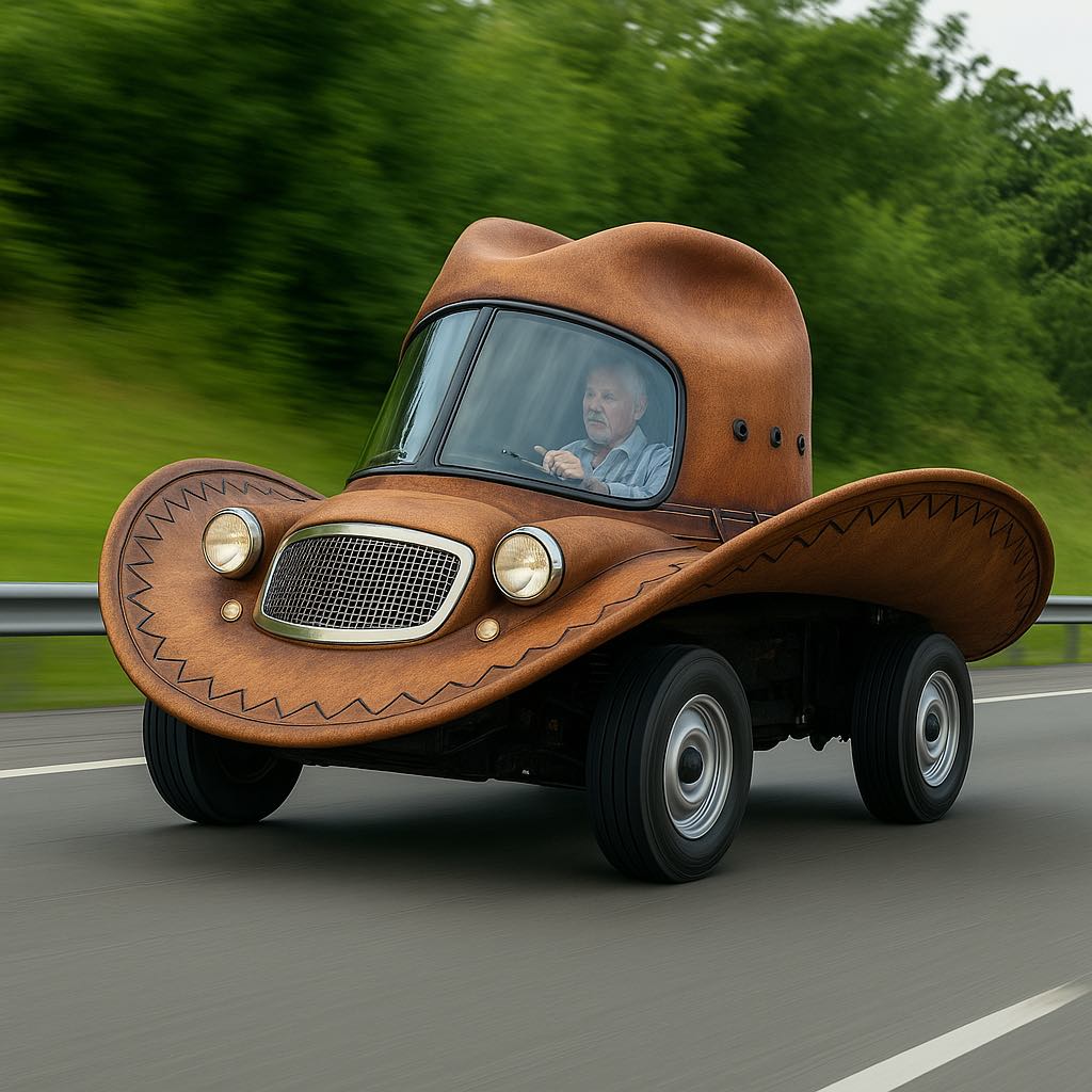 A brown cowboy hat-shaped novelty vehicle driving on a motorway, styled with leather-like detailing.