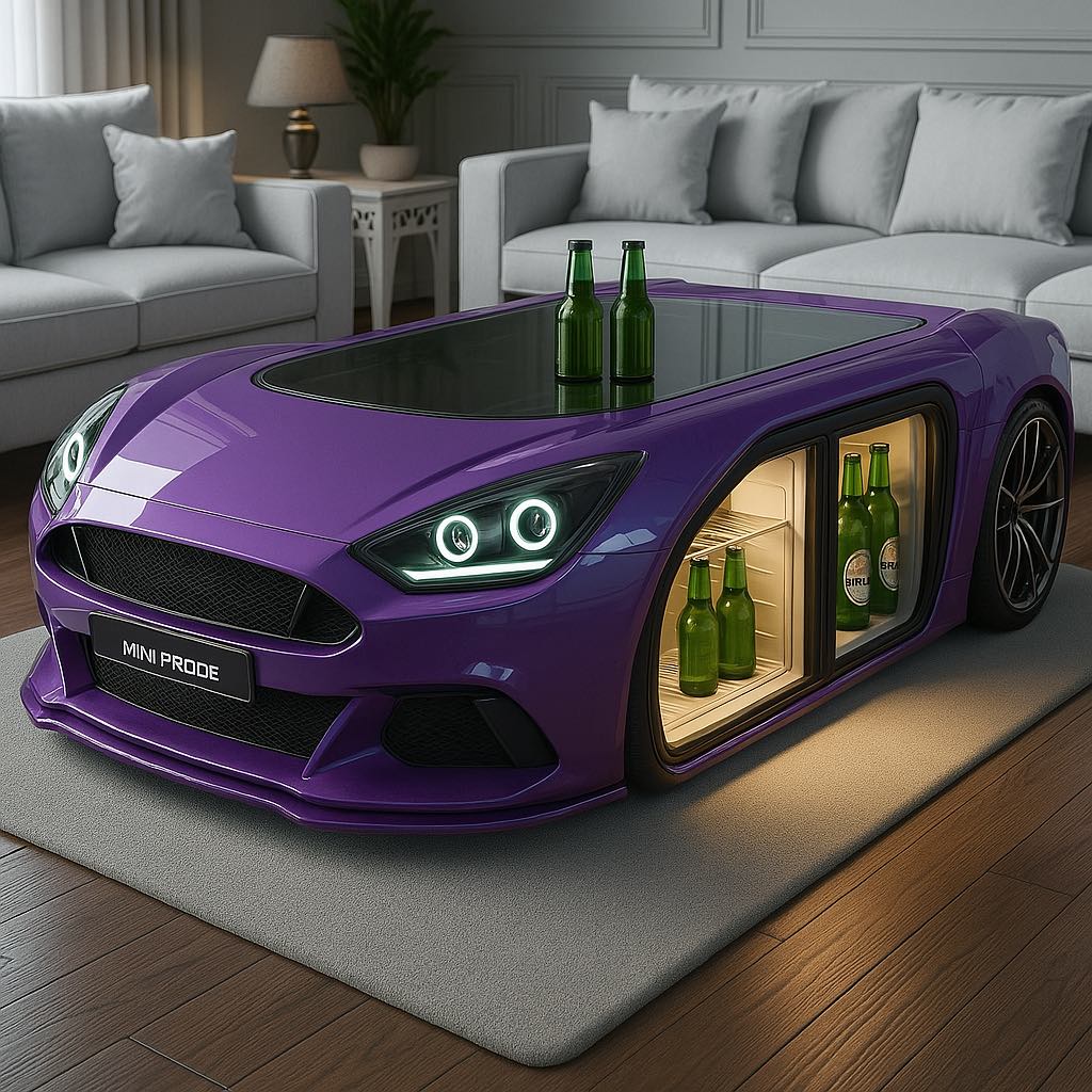 Purple car-inspired coffee table with glowing LED headlights and built-in fridge stocked with green bottles.