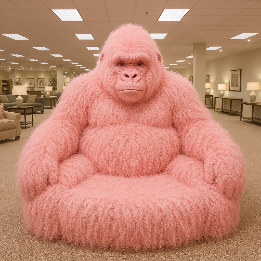 A plush pink gorilla-shaped sofa displayed in a modern furniture showroom.