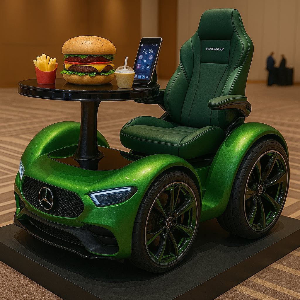 Green Mercedes-style futuristic chair with built-in table, fast food meal, and a tablet setup.