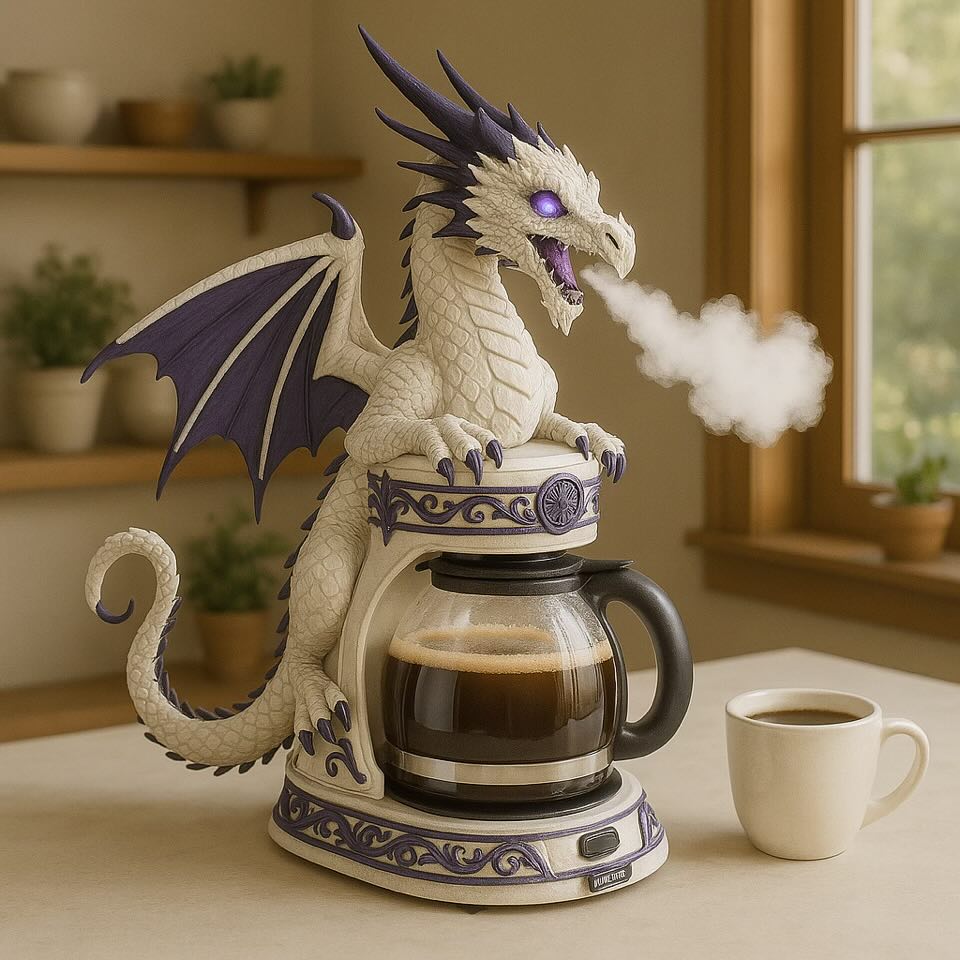 White dragon coffee brewer with violet wings and LED eyes