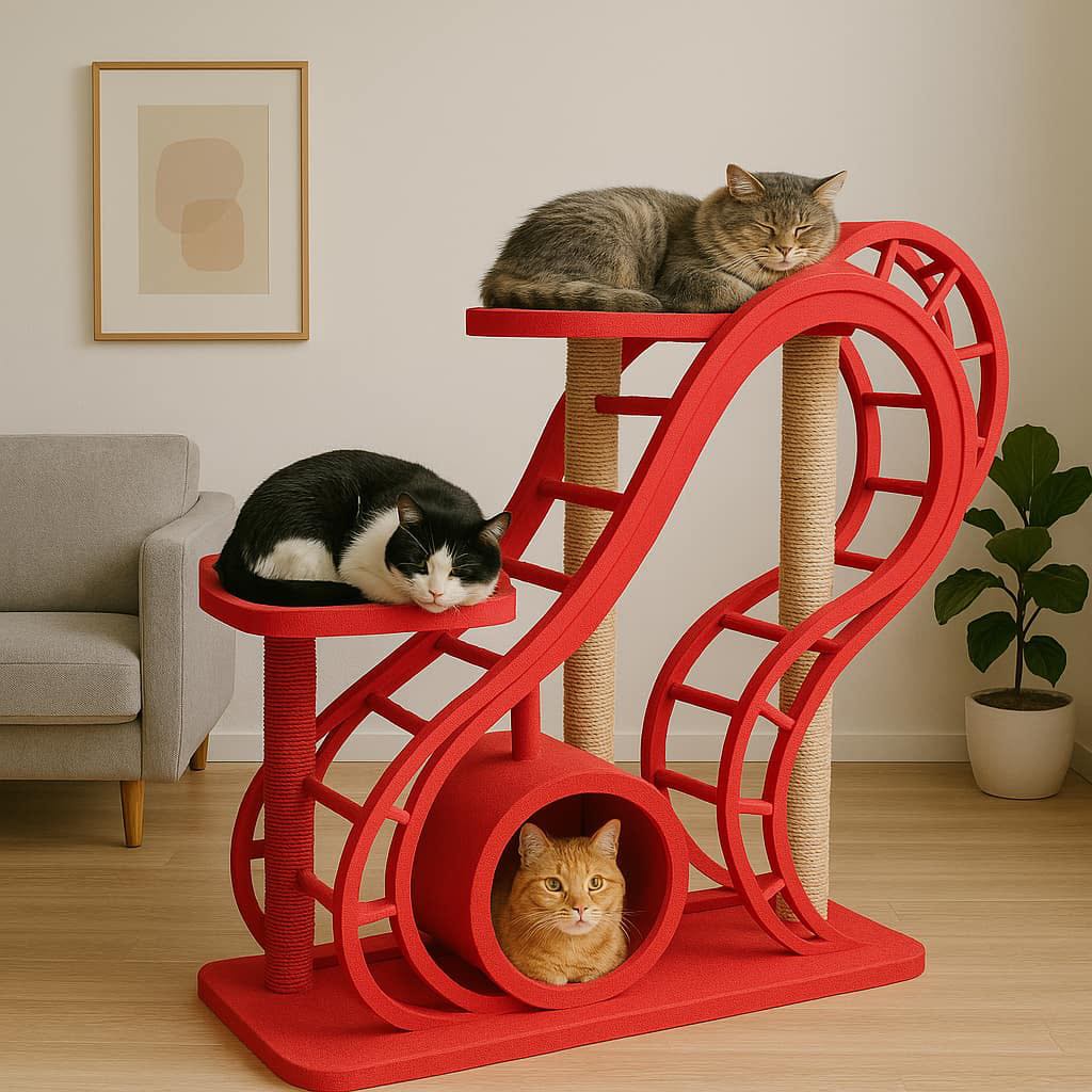 Ginger, black-and-white, and grey cats resting on a bold red rollercoaster-themed cat tower