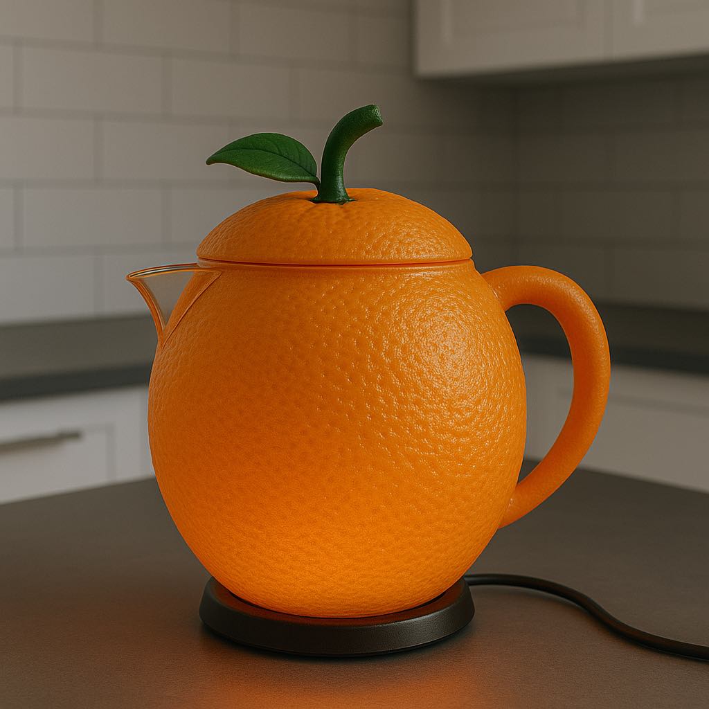 An orange electric kettle styled like a real orange with textured peel and green leaf on lid