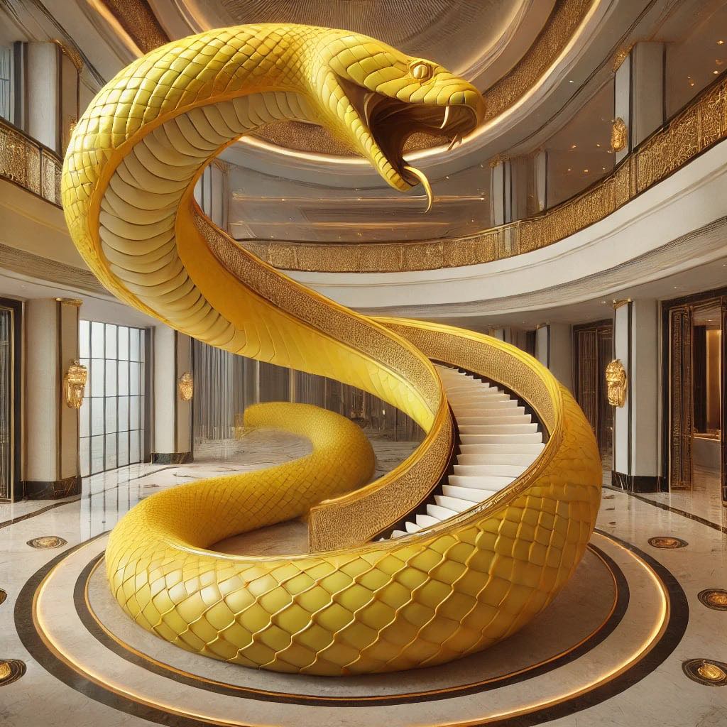 Grand golden cobra-shaped staircase in an opulent interior with intricate gold detailing
