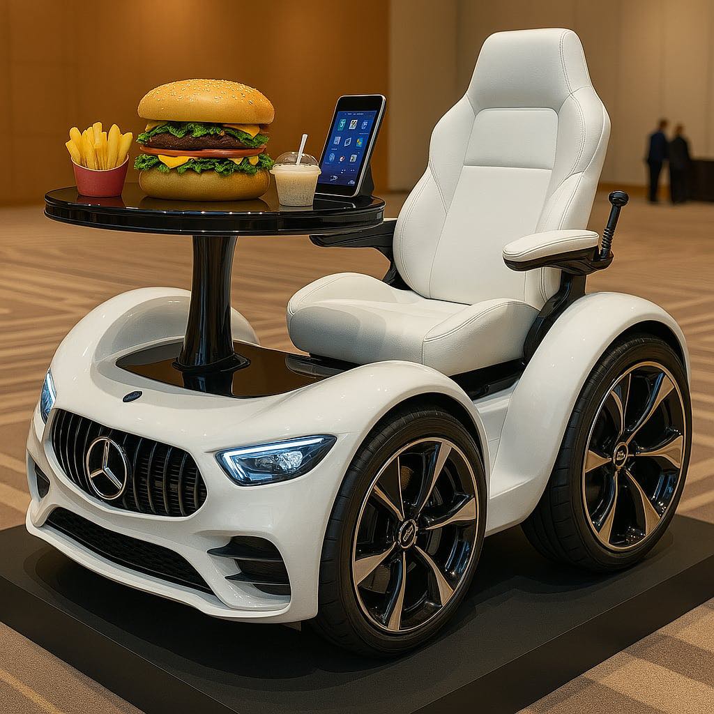 Futuristic white luxury dining mobility chair with a burger, fries, and tablet on a built-in table.