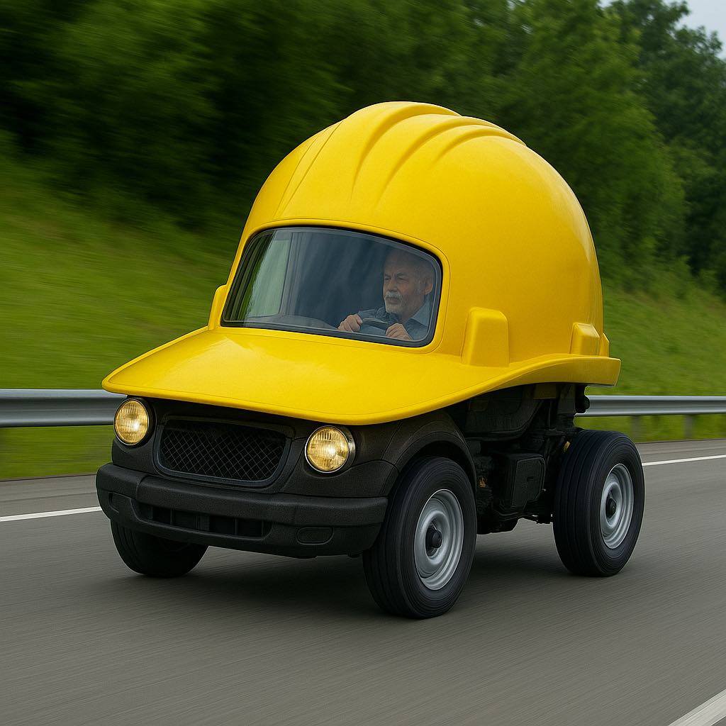 A yellow hard hat-shaped vehicle driving down a country road with an elderly man at the wheel.