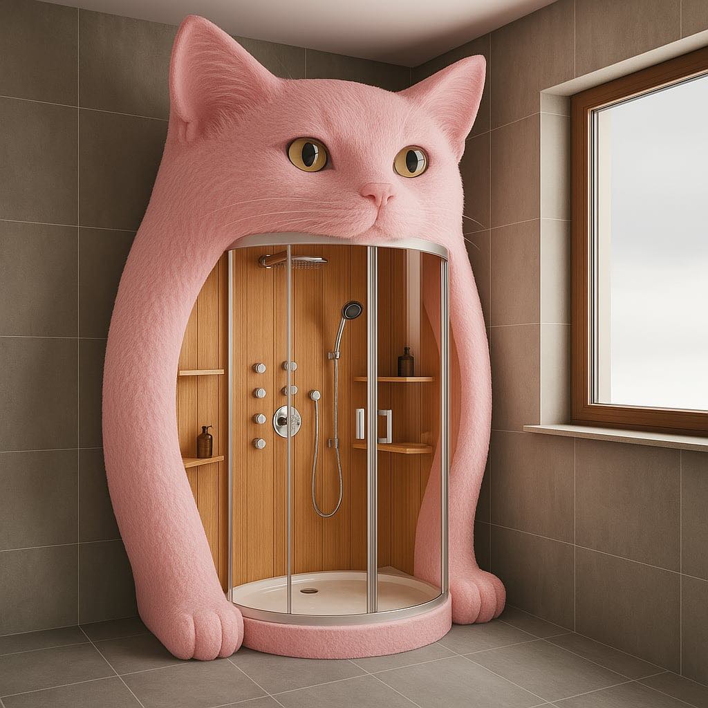 Playful pink cat-shaped shower pod with wood interior, perfect for fun and fashionable bathrooms.