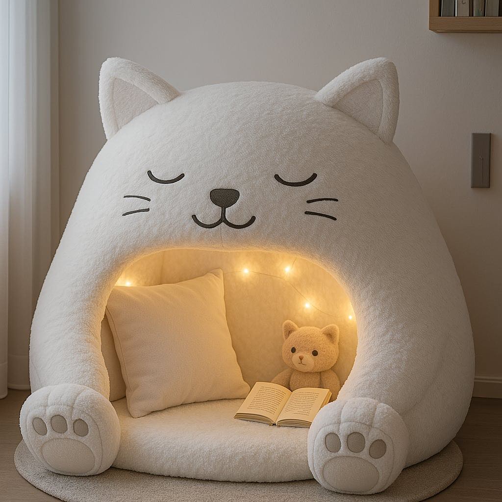 White plush cat reading pod with cosy lighting, pillow, teddy bear, and a book on the floor.