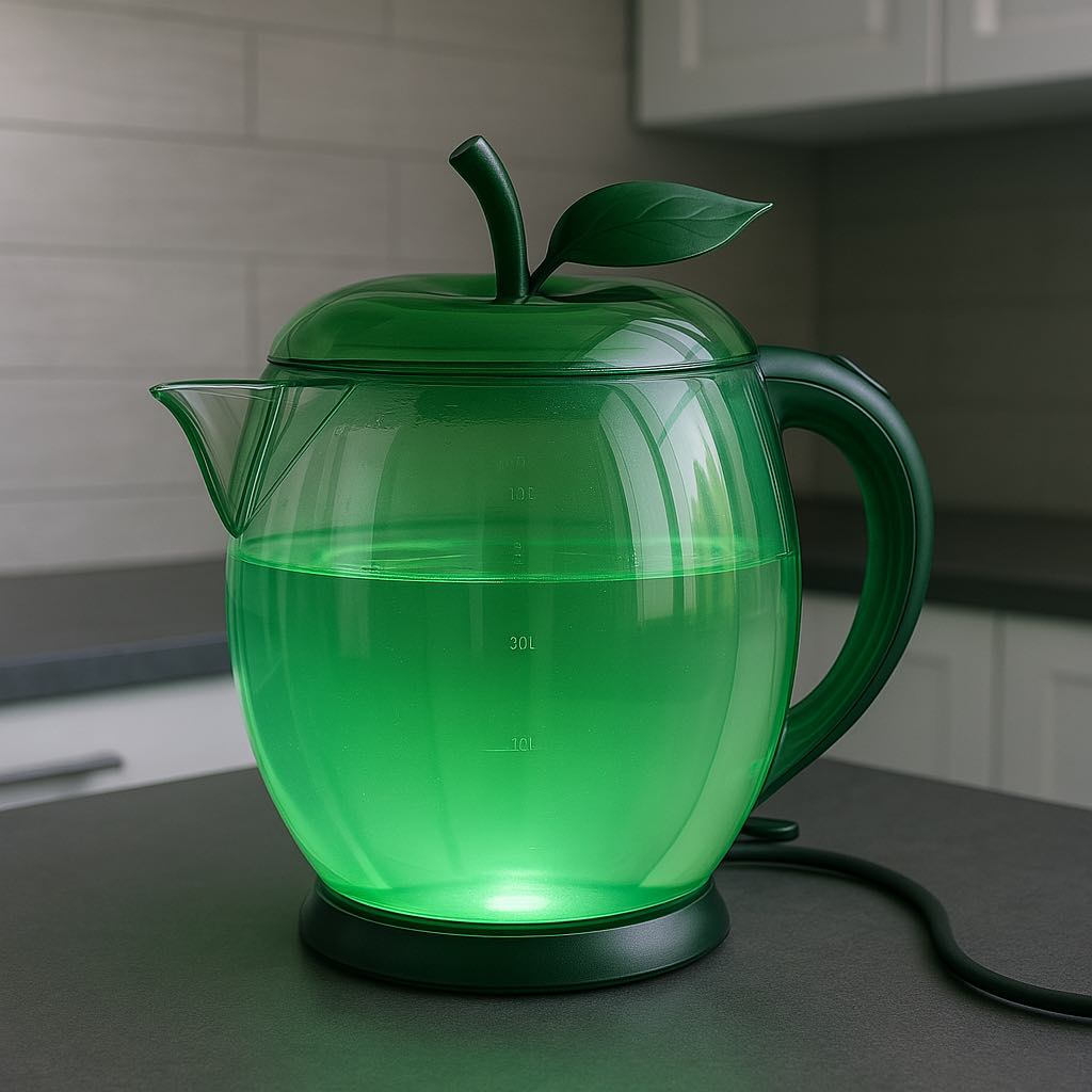 A green apple-shaped electric kettle with translucent body and glowing base on a kitchen countertop