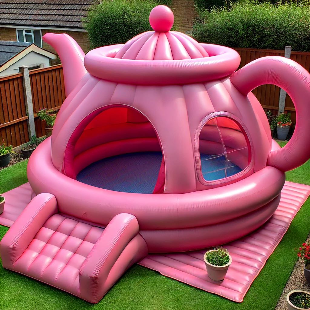 A pink inflatable pool shaped like a teapot with rounded walls and garden potted plants.