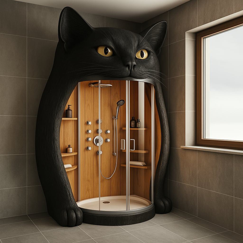 Quirky black cat-themed shower enclosure with lifelike head and paws framing a wooden shower space.