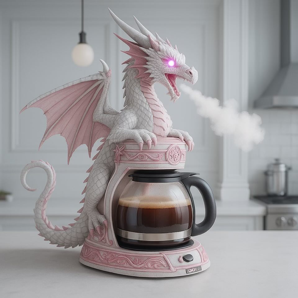 Delicate pink dragon-themed coffee machine with a magical aura