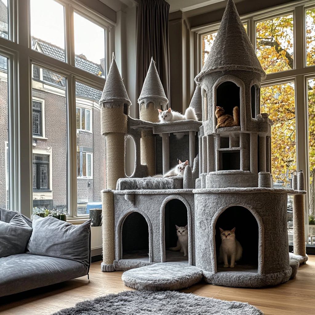 Plush grey castle cat tree with white and ginger cats sitting inside and on top