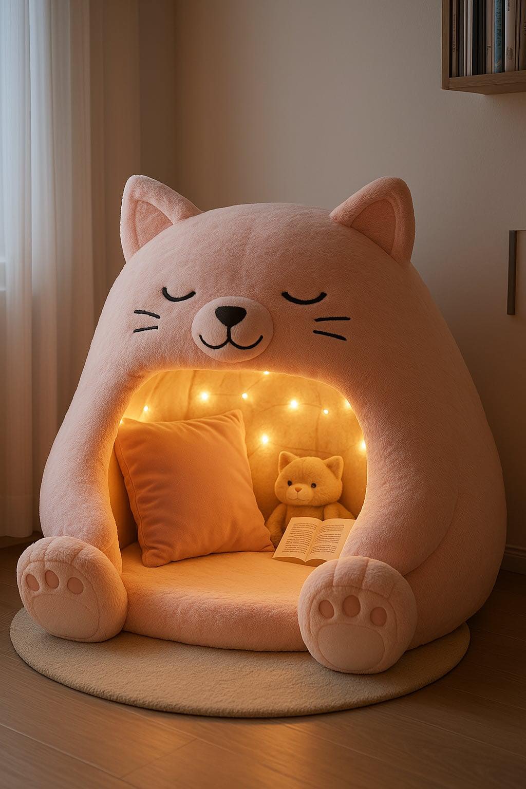 Pink cat-shaped reading pod with warm lighting, teddy bear, cushion, and a book inside.