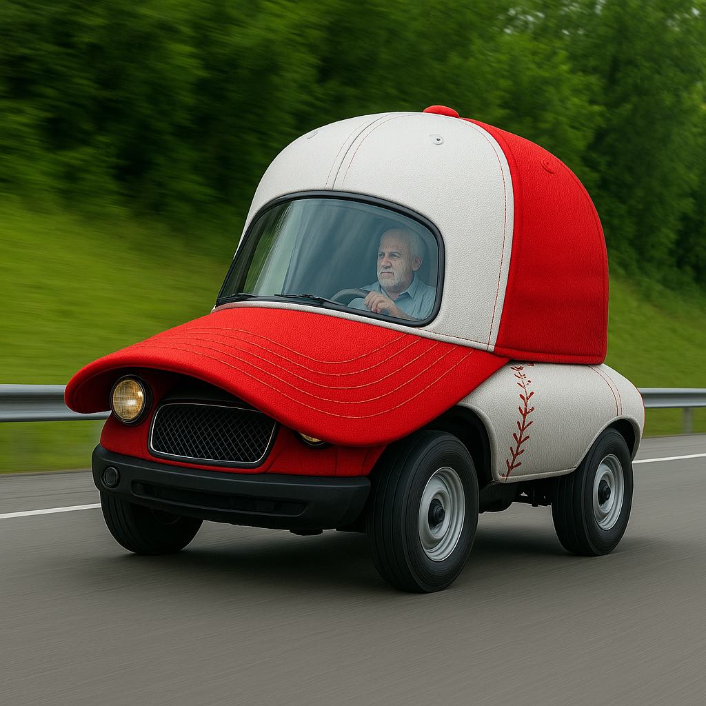 A novelty car shaped like a red and white baseball cap, driven by an elderly man on a motorway.